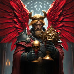A mid-aged Sanguinary High Priest Blood Angel from Warhammer 40k, featuring magnificent red wings elegantly spread behind him