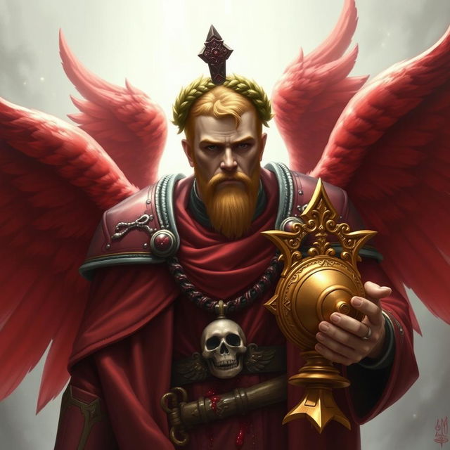 The Sanguinary High Priest Blood Angel, depicted as a mid-aged figure from Warhammer 40k, showcasing magnificent red wings that exude power and grace