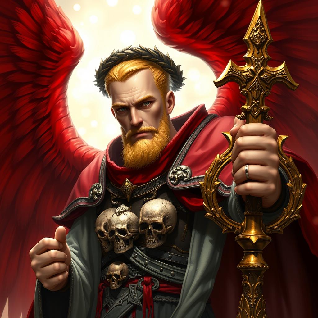 The Sanguinary High Priest Blood Angel, depicted as a mid-aged figure from Warhammer 40k, showcasing magnificent red wings that exude power and grace