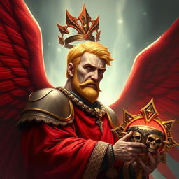 The Sanguinary High Priest Blood Angel, depicted as a mid-aged figure from Warhammer 40k, showcasing magnificent red wings that exude power and grace