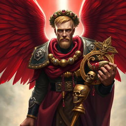 The Sanguinary High Priest Blood Angel, depicted as a mid-aged figure from Warhammer 40k, showcasing magnificent red wings that exude power and grace