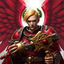 The Sanguinary High Priest Blood Angel from Warhammer 40k, showcasing his impressive red wings spread wide behind him