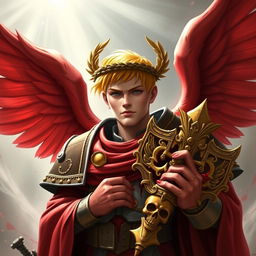 The Sanguinary High Priest Blood Angel from Warhammer 40k, showcasing his impressive red wings spread wide behind him