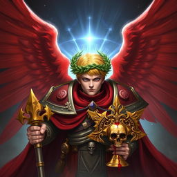 The Sanguinary High Priest Blood Angel from Warhammer 40k, showcasing his impressive red wings spread wide behind him