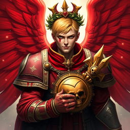 The Sanguinary High Priest Blood Angel from Warhammer 40k, showcasing his impressive red wings spread wide behind him