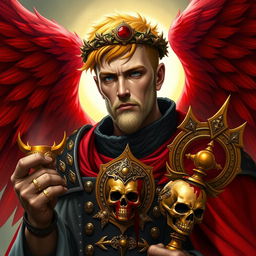 The Sanguinary High Priest Blood Angel, depicted as a mid-aged character from Warhammer 40k, showcasing his stunning red wings that symbolize his celestial nature