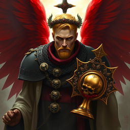 The Sanguinary High Priest Blood Angel, depicted as a mid-aged character from Warhammer 40k, showcasing his stunning red wings that symbolize his celestial nature