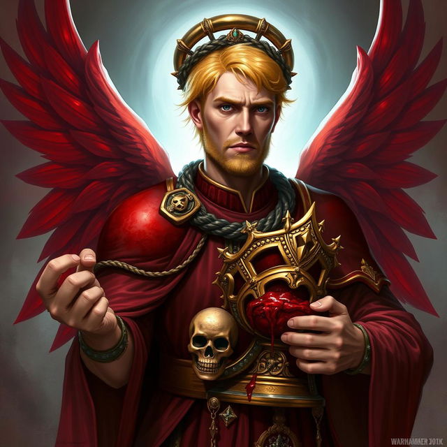 The Sanguinary High Priest Blood Angel, depicted as a mid-aged character from Warhammer 40k, showcasing his stunning red wings that symbolize his celestial nature