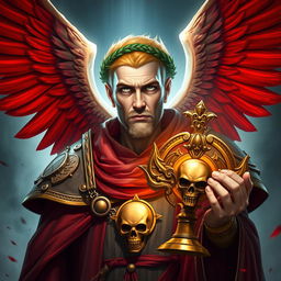 The Sanguinary High Priest Blood Angel, depicted as a mid-aged character from Warhammer 40k, showcasing his stunning red wings that symbolize his celestial nature