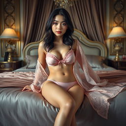 A Japanese girl in a seductive pose, wearing luxury silk lingerie consisting of a pink bra and panties, with a see-through lace swimsuit cover-up draped elegantly