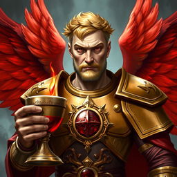 In a fantasy art style, a mid-aged man resembling a biblical Pilate features a smooth face, short yellow hair adorned with a laurel wreath, and intense red eyes