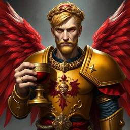 In a fantasy art style, a mid-aged man resembling a biblical Pilate features a smooth face, short yellow hair adorned with a laurel wreath, and intense red eyes