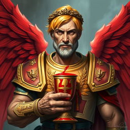 In a fantasy art style, a mid-aged man resembling a biblical Pilate features a smooth face, short yellow hair adorned with a laurel wreath, and intense red eyes