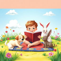 An animated vertical book cover showcasing a young child immersed in reading a book, surrounded by an array of charming domestic animals
