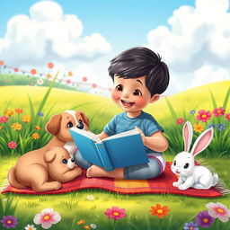 An animated vertical book cover showcasing a young child immersed in reading a book, surrounded by an array of charming domestic animals