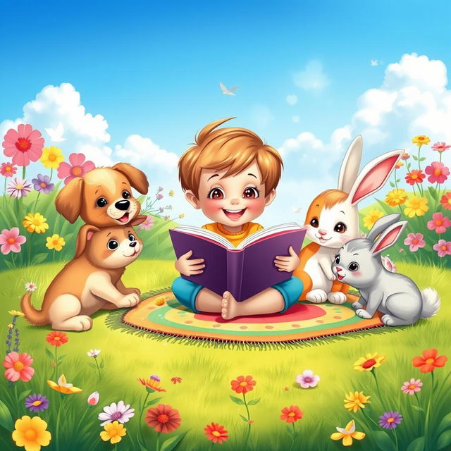 An animated vertical book cover showcasing a young child immersed in reading a book, surrounded by an array of charming domestic animals