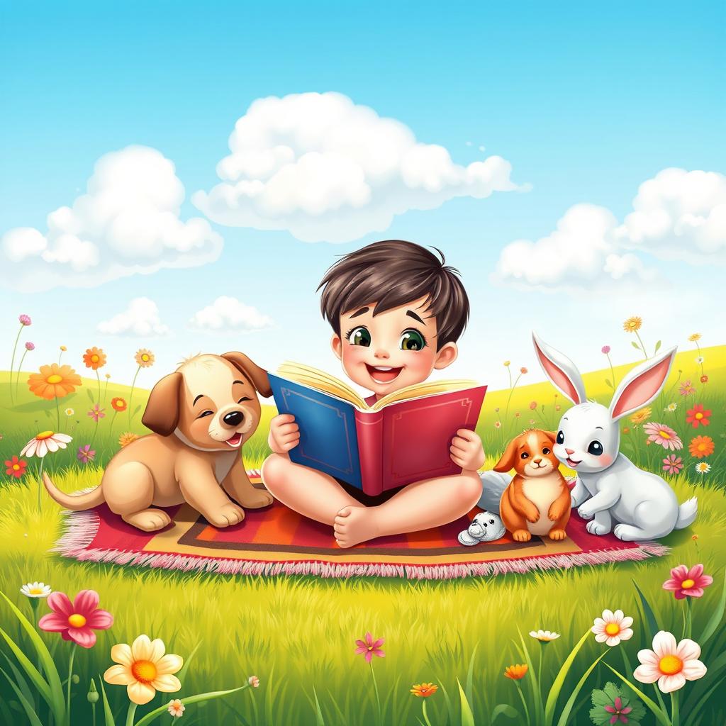 An animated vertical book cover showcasing a young child immersed in reading a book, surrounded by an array of charming domestic animals