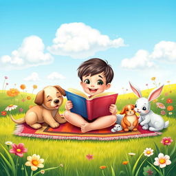 An animated vertical book cover showcasing a young child immersed in reading a book, surrounded by an array of charming domestic animals