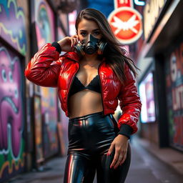 A hot slim girl with big boobs, confidently posed in a shiny red tight puffer jacket paired with sleek black latex leggings