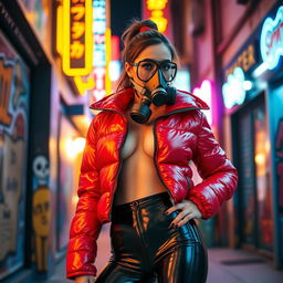 A hot slim girl with big boobs, confidently posed in a shiny red tight puffer jacket paired with sleek black latex leggings