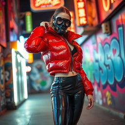 A hot slim girl with big boobs, confidently posed in a shiny red tight puffer jacket paired with sleek black latex leggings
