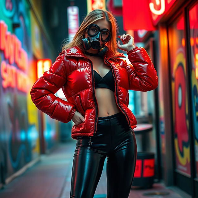 A hot slim girl with big boobs, confidently posed in a shiny red tight puffer jacket paired with sleek black latex leggings