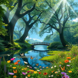 A serene and magical landscape with lush greenery and a tranquil pond reflecting a clear blue sky