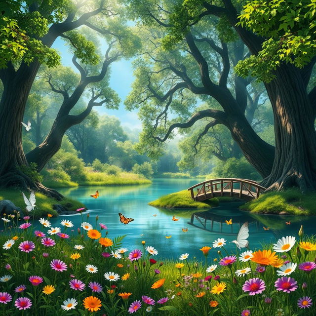 A serene and magical landscape with lush greenery and a tranquil pond reflecting a clear blue sky