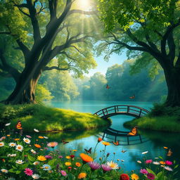 A serene and magical landscape with lush greenery and a tranquil pond reflecting a clear blue sky