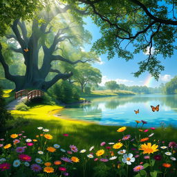 A serene and magical landscape with lush greenery and a tranquil pond reflecting a clear blue sky