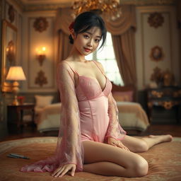 A beautiful Japanese girl wearing a pink negligee with long sleeves made of see-through lace, laying seductively in a luxurious palace bedroom