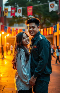 A romantic scene set in a high school environment where two young adults, Dan and Laksamana Rama Perwira, are sharing a heartfelt moment