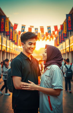 A romantic scene set in a high school environment where two young adults, Dan and Laksamana Rama Perwira, are sharing a heartfelt moment