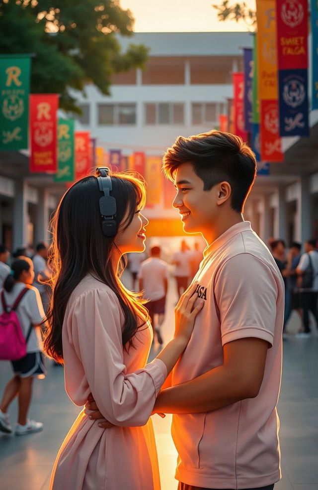 A romantic scene set in a high school environment where two young adults, Dan and Laksamana Rama Perwira, are sharing a heartfelt moment