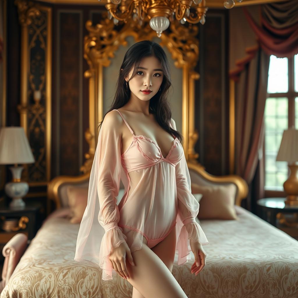 A Japanese girl in a pink negligee with long sleeves, made of a see-through fabric, posing seductively in a lavish palace bedroom