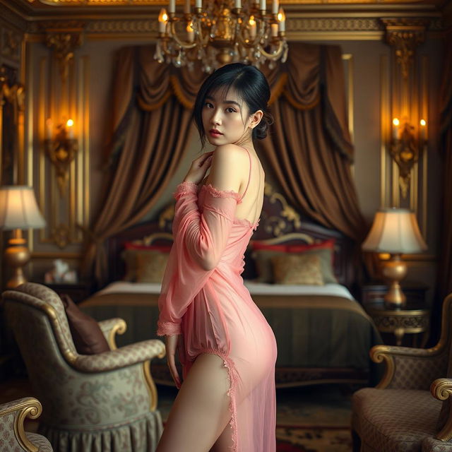 A Japanese girl in a pink negligee with long sleeves, made of a see-through fabric, posing seductively in a lavish palace bedroom
