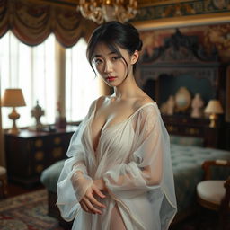 A Japanese girl in a pinnegligee with long sleeves, showcasing a see-through fabric that adds a touch of elegance and allure
