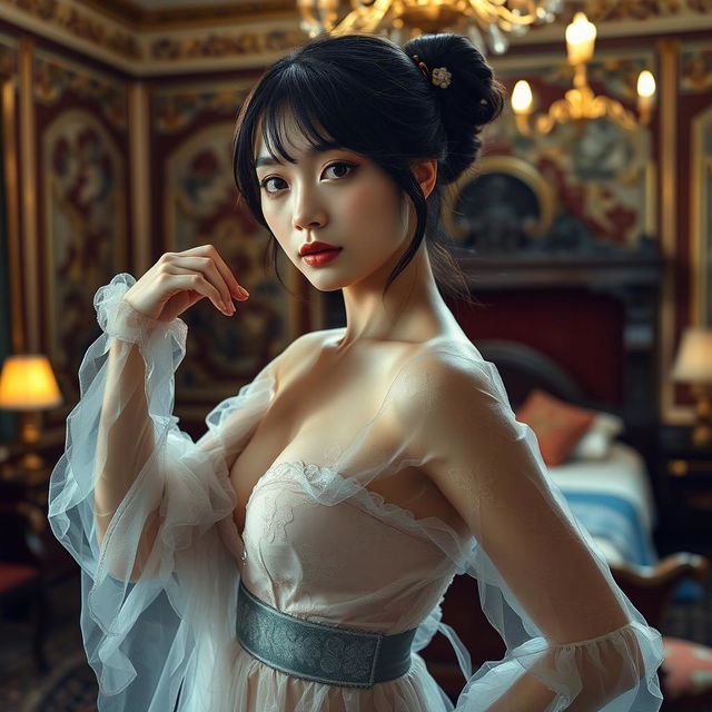 A Japanese girl in a pinnegligee with long sleeves, showcasing a see-through fabric that adds a touch of elegance and allure