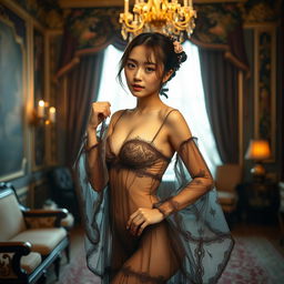 A Japanese girl in a pinnegligee with long sleeves, showcasing a see-through fabric that adds a touch of elegance and allure