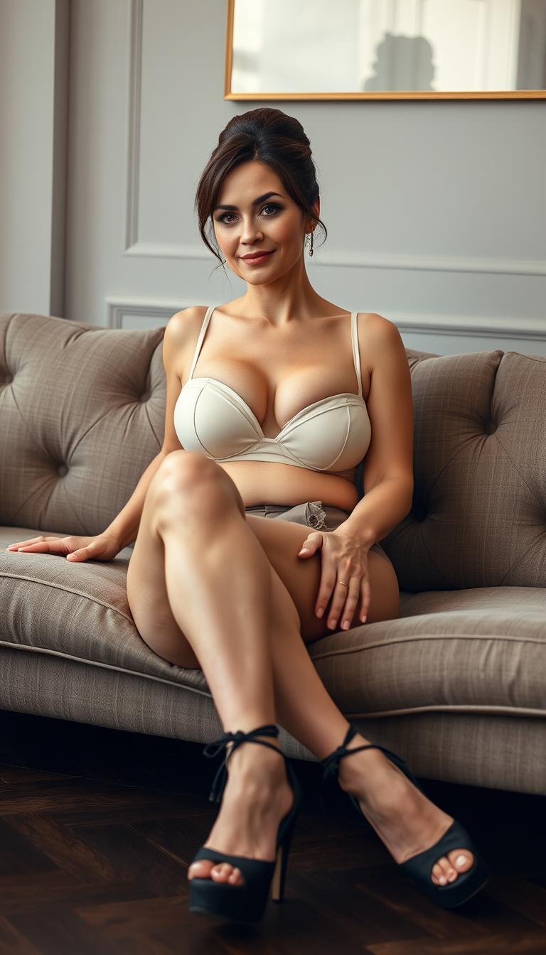 A classy mature actress, around 40 years old, with fair white skin, elegantly seated on a stylish couch