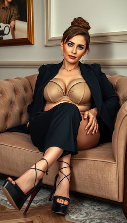 A classy mature actress, around 40 years old, with fair white skin, elegantly seated on a stylish couch