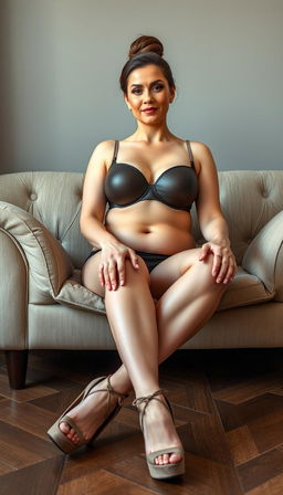 A classy mature actress, around 40 years old, with fair white skin, elegantly seated on a stylish couch