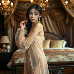 A stunning Japanese girl wearing a flesh-colored, see-through negligee with long sleeves, striking a sexy and seductive pose in an opulent palace bedroom