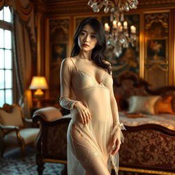 A beautiful Japanese girl wearing a flesh-colored negligee with long sleeves, elegantly posing seductively in a luxurious palace bedroom