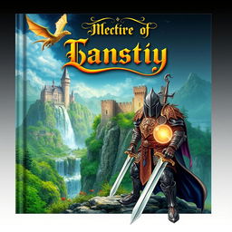 A vibrant and enchanting cover design for a medieval fantasy book, featuring a majestic castle nestled on a high cliff with cascading waterfalls and lush emerald forests surrounding it