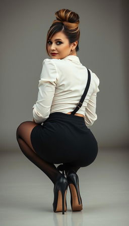 A classy and sexy milf actress, approximately 40 years old, with fair white skin, is captured in a squatting position