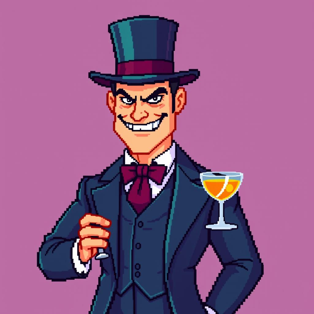 A pixelated profile picture depicting a gentleman villain representing the administrator of a website forum, known as 'Badmin'