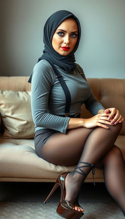 A classy milf hijab actress, approximately 40 years old, with fair white skin, is elegantly seated on a couch while crossing her legs