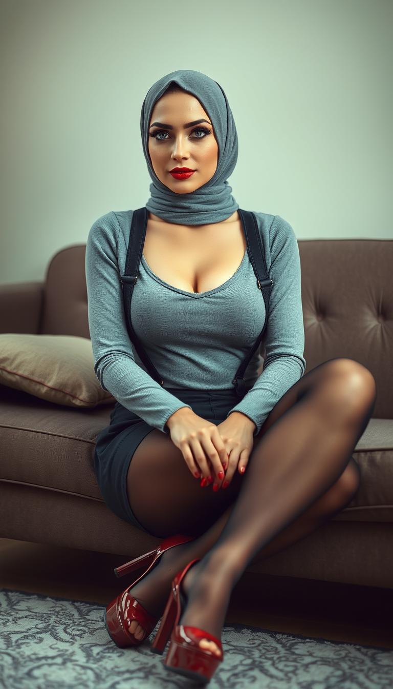 A classy milf hijab actress, approximately 40 years old, with fair white skin, is elegantly seated on a couch while crossing her legs