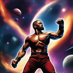 A high-quality digital art image featuring a detailed MMA fighter engaged in a match against a vivid backdrop of deep space